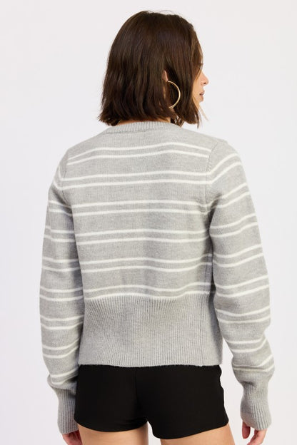 Lucia Button Down Striped Cardigan gray back view with stripe detail