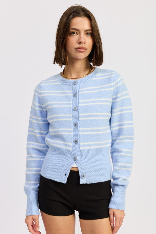 Lucia Button Down Striped Cardigan sky blue front view with ribbed hem