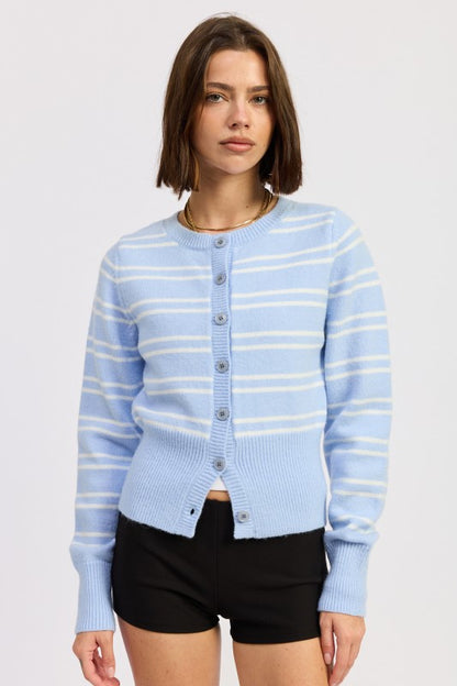 Lucia Button Down Striped Cardigan sky blue front view with ribbed hem