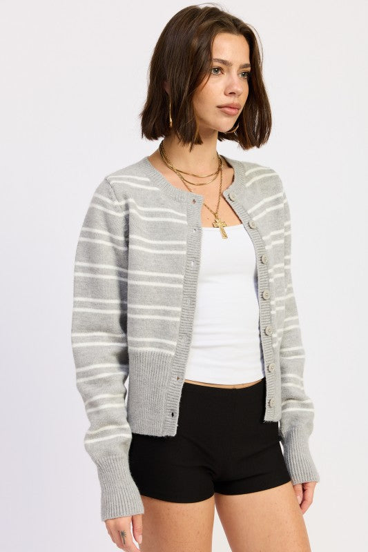 Lucia Button Down Striped Cardigan gray side view showing knit and fit