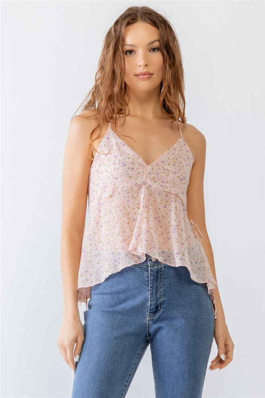 Suzette Floral Print V-Neck Criss-Cross Back Flare Cami