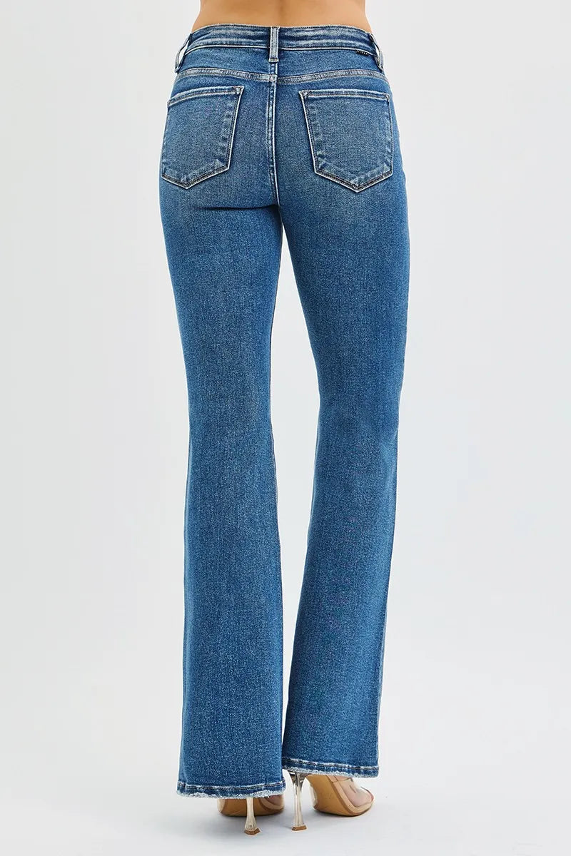 Back view of Jordy Tummy Control High Rise Flare Jeans highlighting contoured fit and pockets.