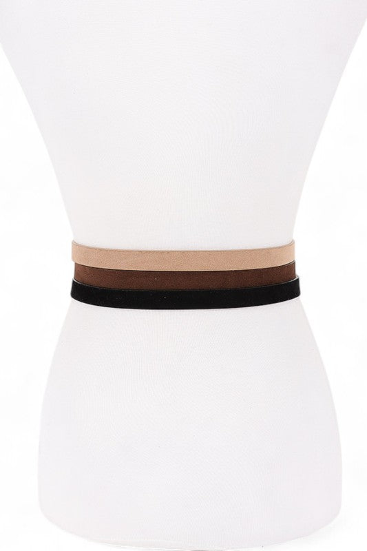 Back view of Elora Belt Set on mannequin showing slim faux suede straps.