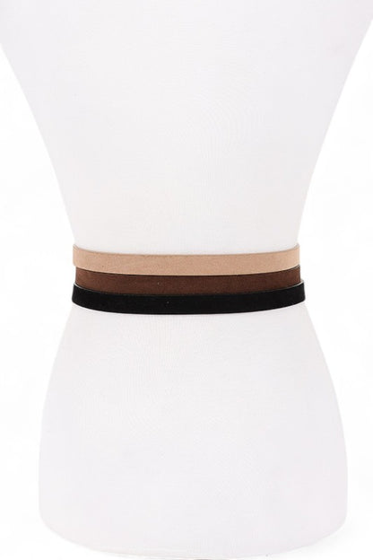 Back view of Elora Belt Set on mannequin showing slim faux suede straps.