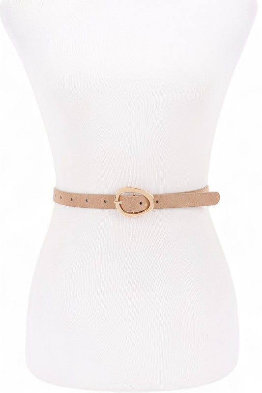 Tan Elora Skinny Belt front view with gold buckle and suede finish.