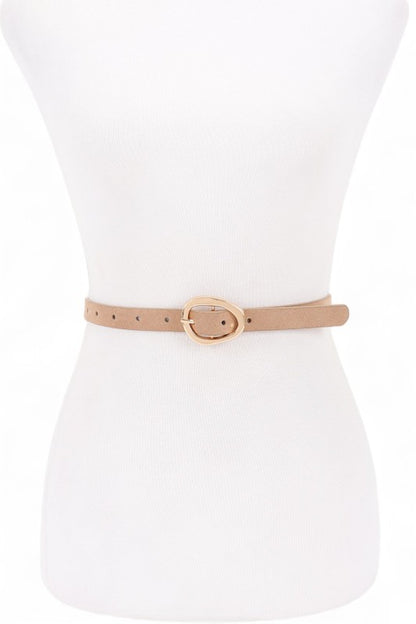 Tan Elora Skinny Belt front view with gold buckle and suede finish.