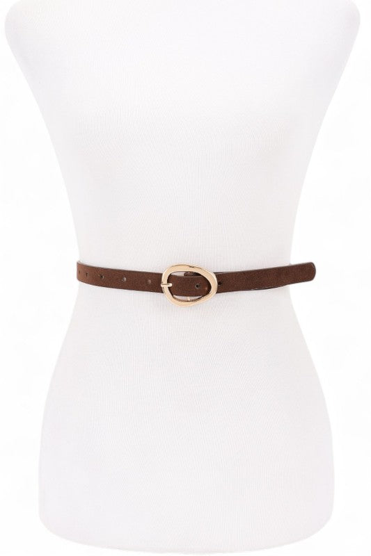 Brown Elora Skinny Belt front view with gold buckle and soft faux suede.
