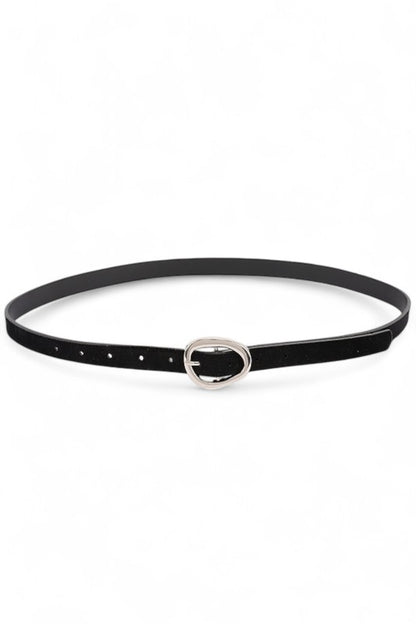 Black Elora Belt buckled into a circle showing silver buckle detail.