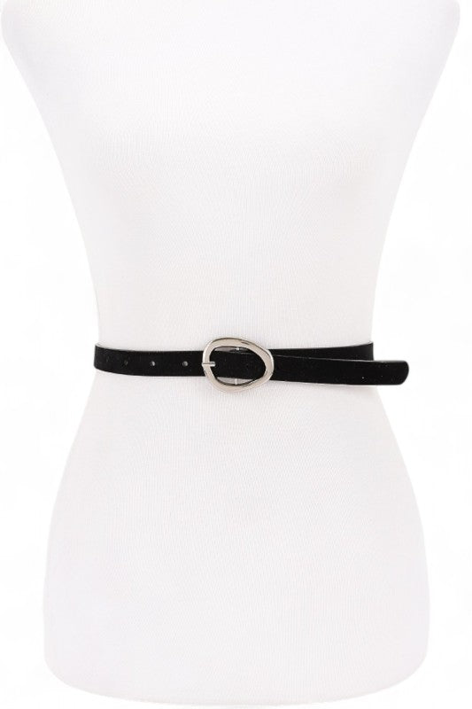 Black Elora Skinny Belt front view with silver buckle and suede texture.