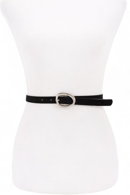 Black Elora Skinny Belt front view with silver buckle and suede texture.