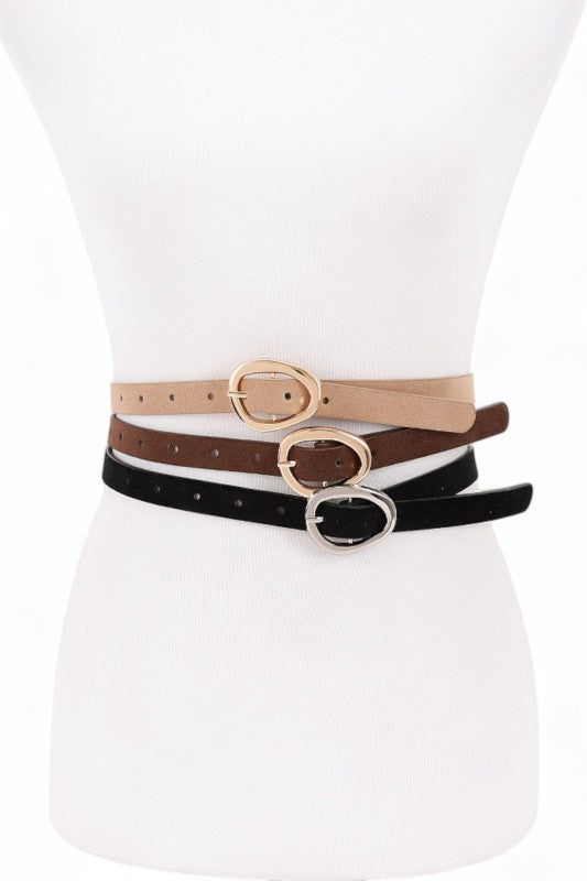 Front view of Elora 3-in-1 Belt Set on mannequin in tan, brown, and black.