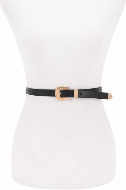 Black Dhara Skinny Belt front view with gold buckle and smooth faux leather strap.