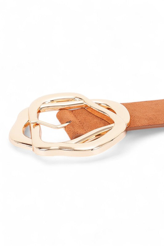 Close-up of gold twisted buckle on Cerisa Fashion Belt with suede strap.