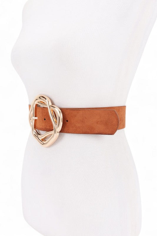 Side view of Cerisa Twist Buckle Belt highlighting wide 2-inch faux suede strap.
