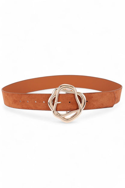 Camel Cerisa Belt buckled in a circle showing twisted gold buckle detail.