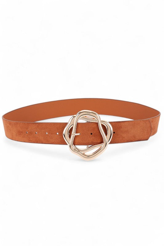 Camel Cerisa Belt buckled in a circle showing twisted gold buckle detail.