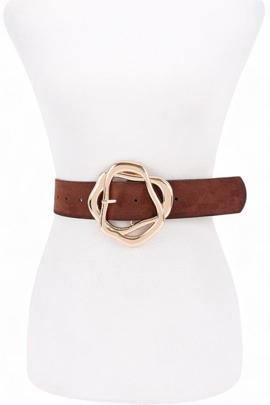 Brown Cerisa Twist Buckle Belt front view with bold gold-tone buckle.