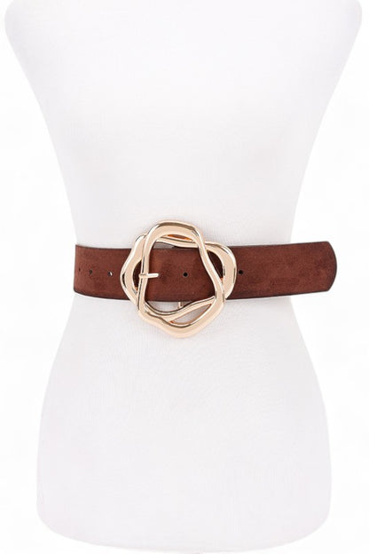 Brown Cerisa Twist Buckle Belt front view with bold gold-tone buckle.