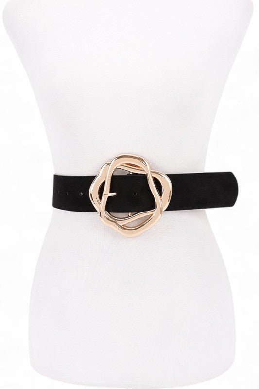Black Cerisa Twist Buckle Belt front view with faux suede strap and gold buckle.