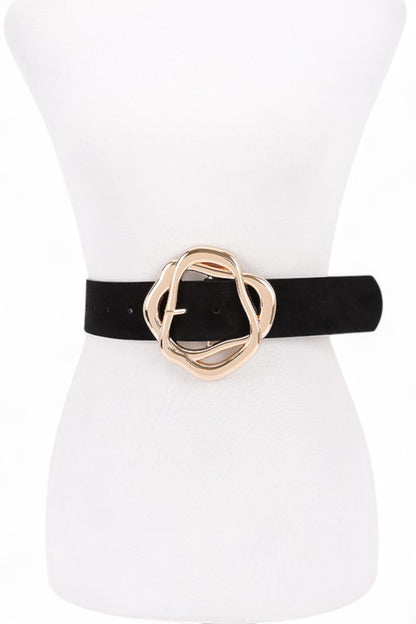 Black Cerisa Twist Buckle Belt front view with faux suede strap and gold buckle.