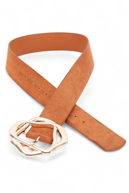 Flat lay of Cerisa Twist Buckle Belts in camel with faux suede finish.