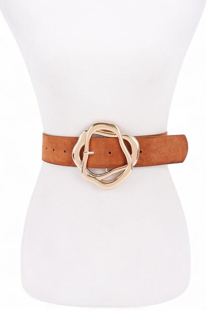 Front view of Cerisa Camel Twist Buckle Belt with iconic gold buckle.