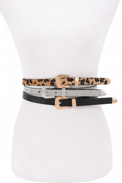 Front view of Bahari 3-in-1 Skinny Belt Set in leopard, silver, and black with metallic buckles.
