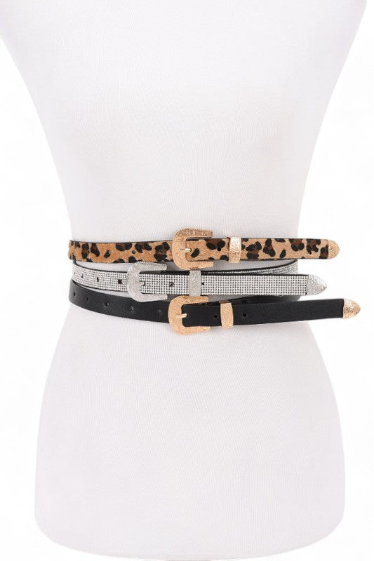 Front view of Bahari 3-in-1 Skinny Belt Set in leopard, silver, and black with metallic buckles.