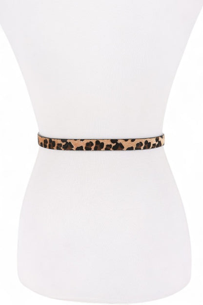 Leopard Bahari Skinny Belt back view with slim faux leather strap design.