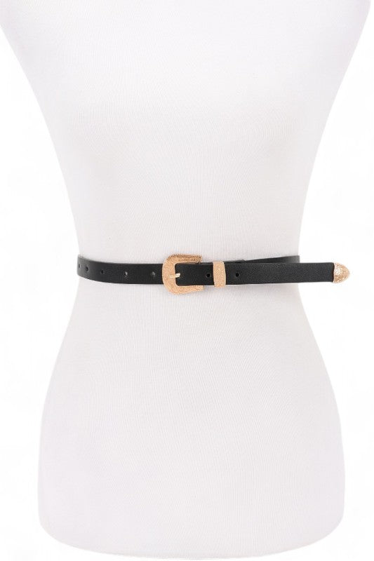 Black Bahari Skinny Belt front view with gold buckle and tip accent.