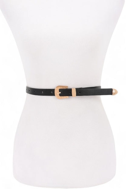 Black Bahari Skinny Belt front view with gold buckle and tip accent.
