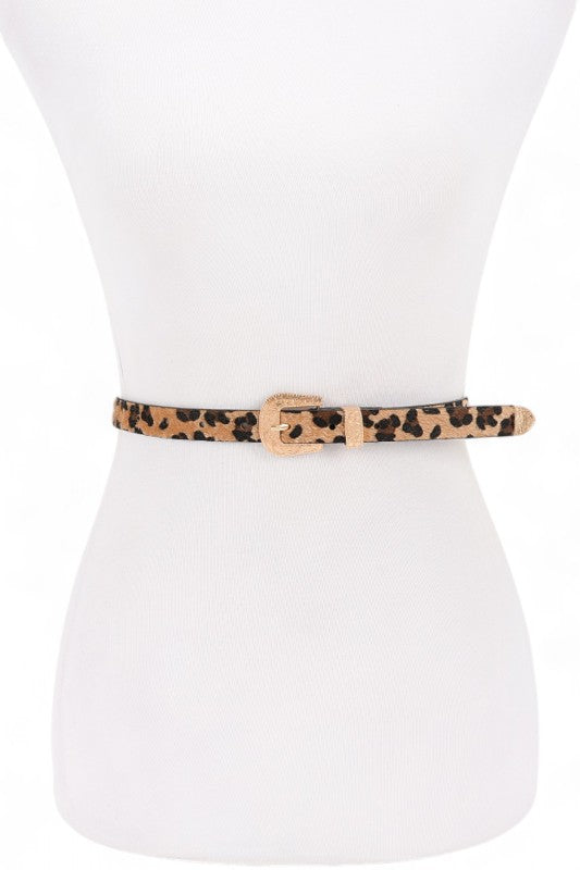 Leopard Bahari Skinny Belt front view with faux leather texture and gold buckle.