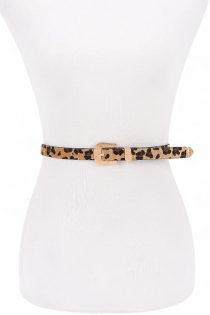 Leopard Bahari Skinny Belt front view with faux leather texture and gold buckle.