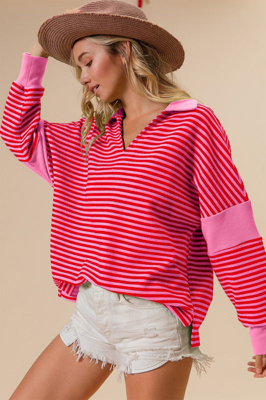 Virella Striped Contrast Long Sleeve Knit Top in Pink