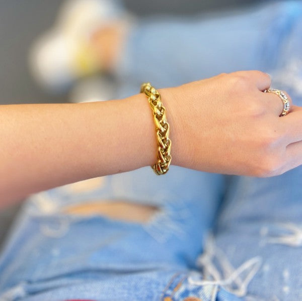 Close-up of Bold & Edgy Chain Bracelet styled solo on wrist with casual outfit