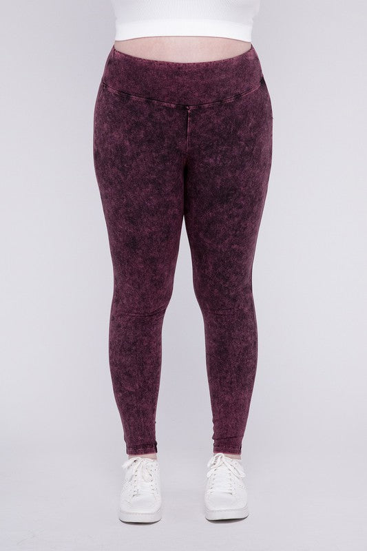 Stretchy dark burgandy colored, mineral washed, full-length leggings with a wide waistband.