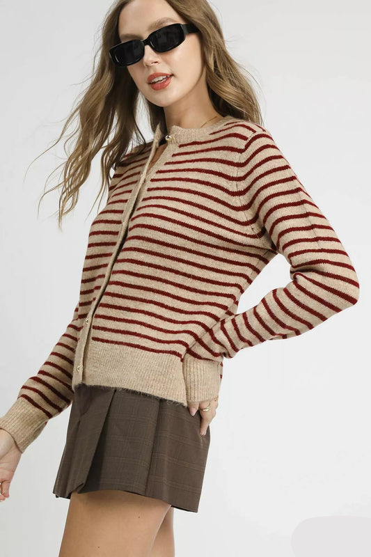 Tan red striped button-up cardigan, side angle showing ribbed hem.