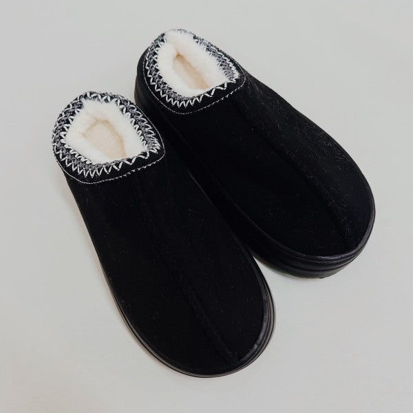 Black Cozy Cloud Slippers top view highlighting fuzzy interior and stitching.