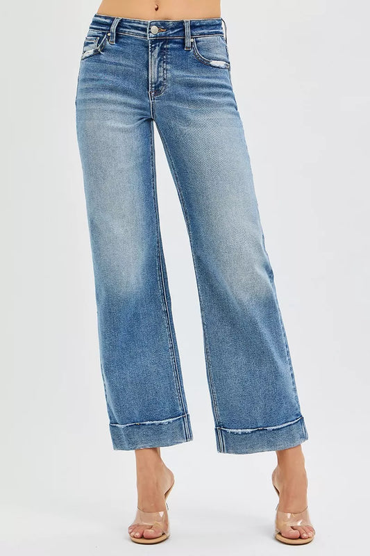 Sammy Mid Rise Crop Straight Jeans Risen Medium Wash front view with Taylor cuff.