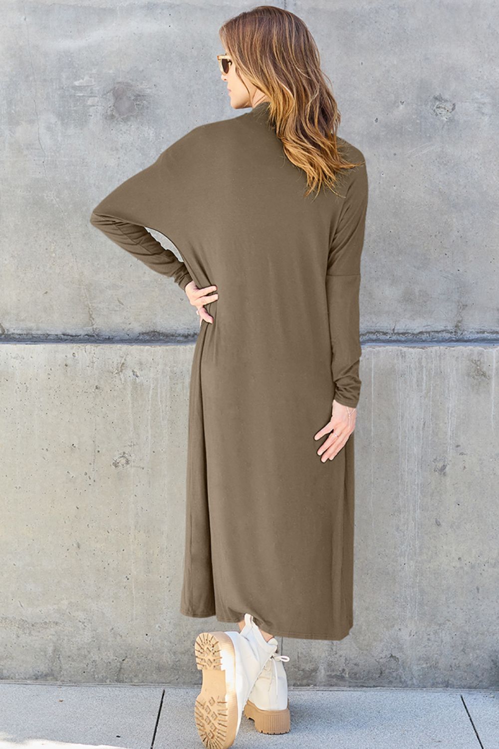 Chestnut open-front long-sleeve cover-up with a flowy design and pockets, perfect for layering on breezy days.