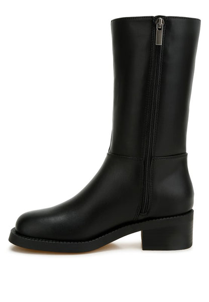 Side view of Soora Block Heel Calf Boots in black with low block heel design
