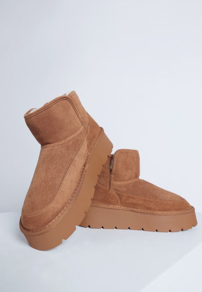 Camel Holias Chunky Heeled Snow Boots showing round toe design and soft faux suede fabric.