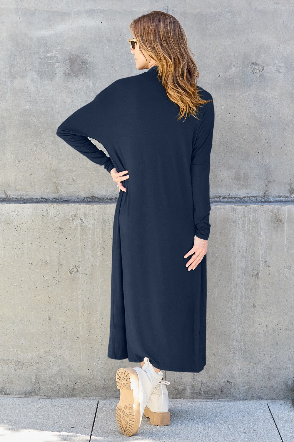 Dark Navy open-front long-sleeve cover-up with a flowy design and pockets, perfect for layering on breezy days.