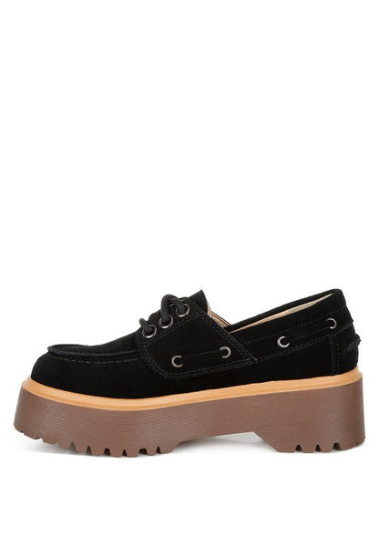 Black Cuckatoos Oxford Loafers side angle, chunky block heel and suede finish.