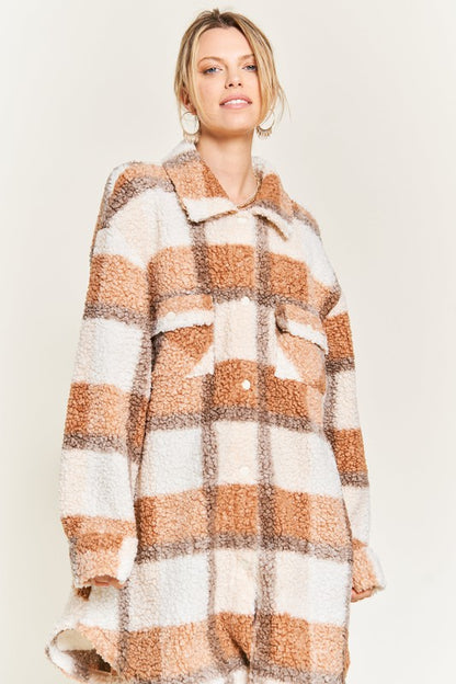 Front view of Sariya Plus Size Brown Plaid Teddy Jacket with snap button placket and oversized fit.