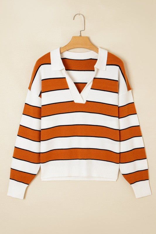 Valeria Stripe Sweater front on hanger with polo collar and ribbed hem