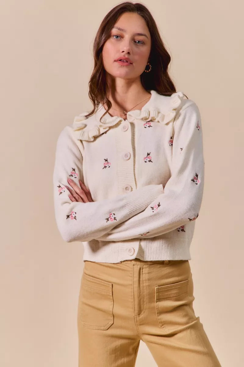 Billie Floral Sweater Cardigan cream front view showing collared neckline and embroidered flower details
