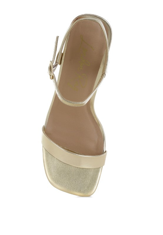 Top view of Kazara Metallic Block Heels with pin buckle strap and cushioned insole.