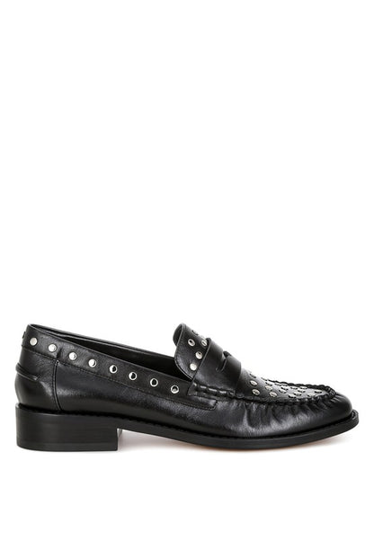 Side view of Black Oglavia Studded Leather Loafers with studded penny strap and cushioned insole.