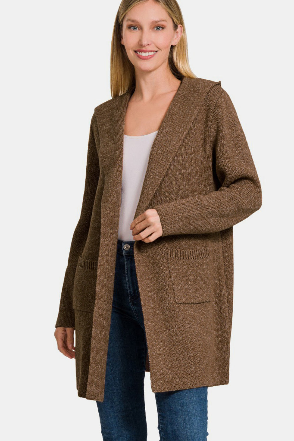 Brown Flannery Hooded Open Front Sweater Cardigan with long sleeves, front pockets, and a hooded neckline, showcasing an open-front design.